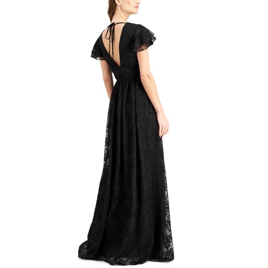  Womens Plunge-Neck Flutter-Sleeve Gown Dress, Black, 8