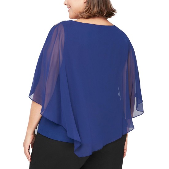  Womens Plus Size Beaded Popover Top, Blue/2X