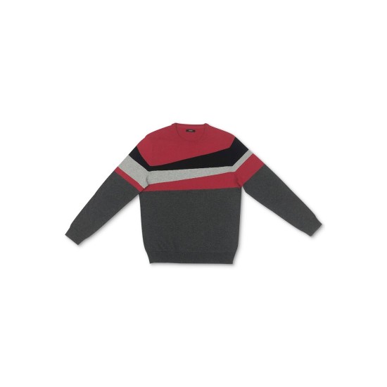  Men’s Blocked Crewneck Cotton Sweater, Red, X-Large