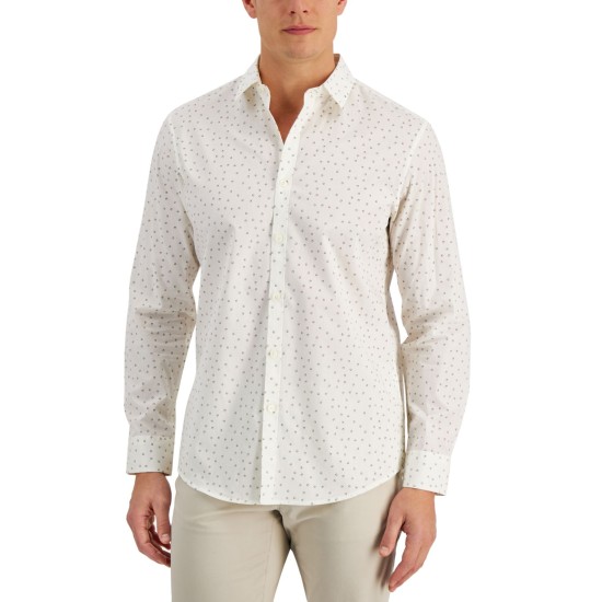  Men’s Regular-Fit Stretch Geo-Print Poplin Shirt, Egret, Large