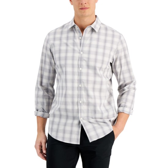  Men’s Regular-Fit Yarn-Dyed Plaid Poplin Shirt, Grey Heather, Medium