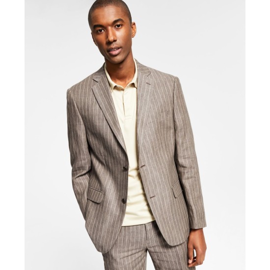  Men’s Slim-Fit Stripe Linen Suit Jacket, Light Brown, 38R