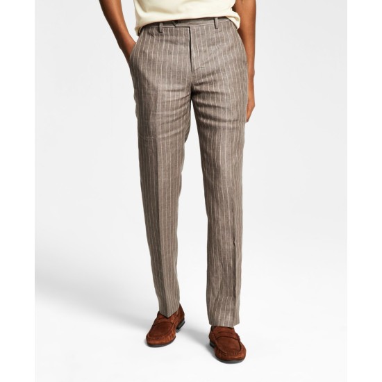  Men’s Slim-Fit Stripe Linen Suit Pants, Brown, 30×32