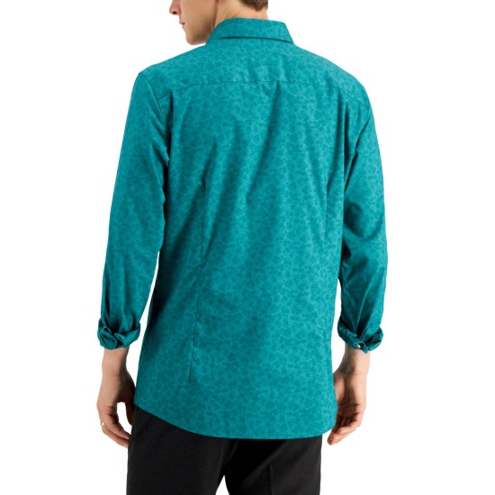  Men’s Slim Flit Floral Stretch Dress Shirt, Green, Small