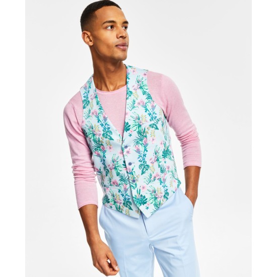  Men’s Slim-Fit Floral-Print Suit Vest, Blue/Pink, Large