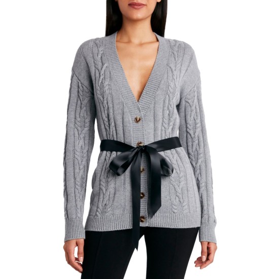 Women’s Long Sleeve Cardigan With Buttons And Ribbon Belt (Grey, S)