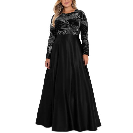 Betsy & Adam Womens Plus Size Satin-Skirt Ball Gown Dress, Black, 14W