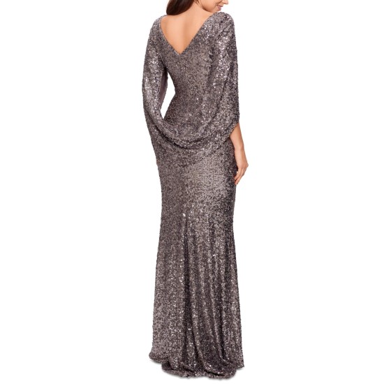 Betsy & Adam Womens Sequined Draped-Back Gown Dress, Taupe, 16