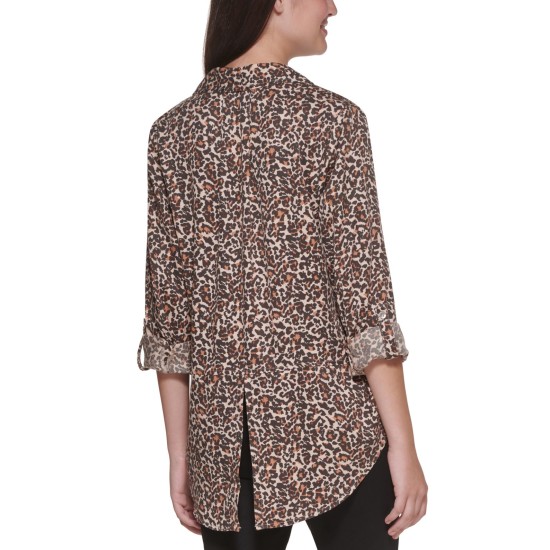  Jeans Animal-Print Button-Down Top, Maple Combo, Small