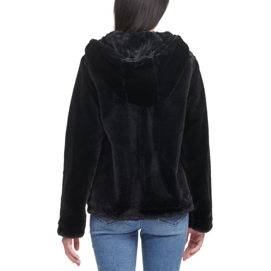  Jeans Hooded Faux-Fur Zip-Front Jacket, Black, Large