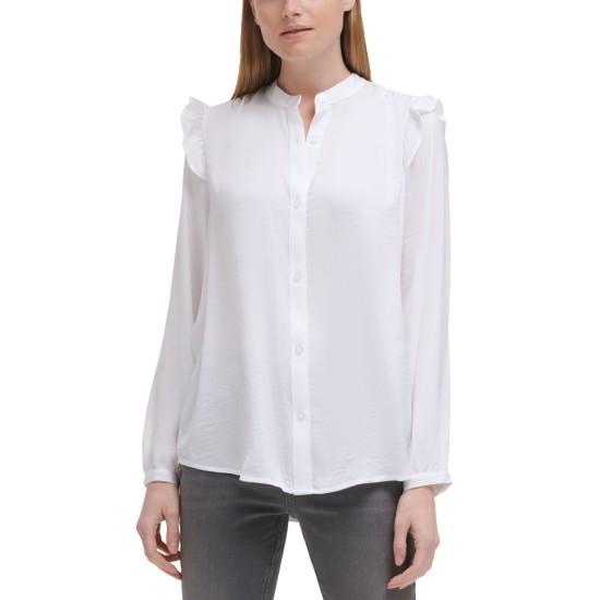  Jeans Ruffle Shoulder Button-Front Blouse, White, X-Small