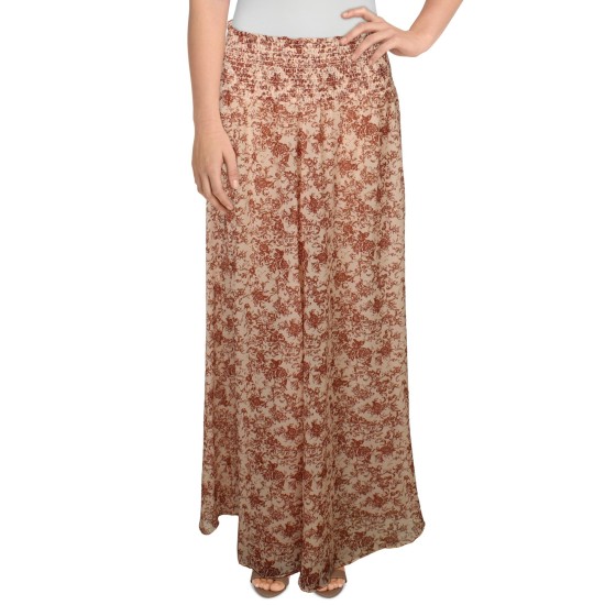  Womens Floral Print Smocked Wide Leg Pants, Rustcopper, Small