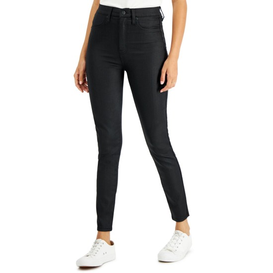  Juniors’ High Rise Coated Skinny Jeans, Black, 11