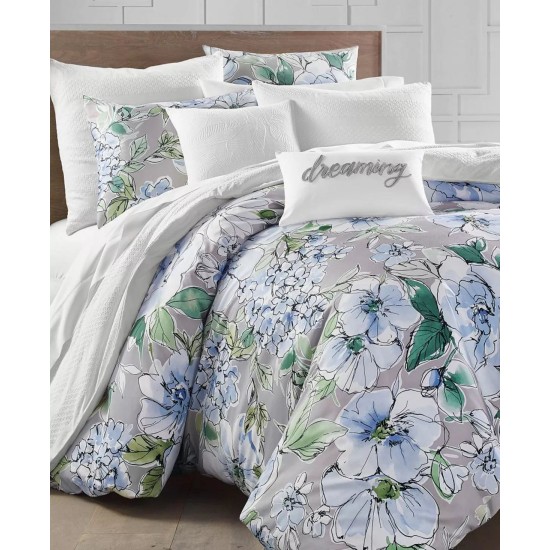  Damask Designs Floral Blooms 300-Thread Count King Duvet Cover Sets, Gray, Full/Queen