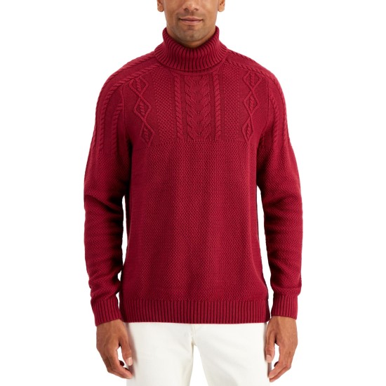  Men’s Chunky Cable Knit Turtleneck Sweater, Wine, XL