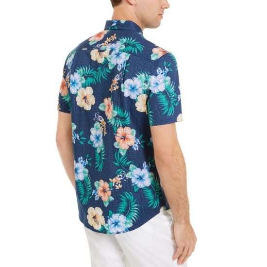  Men’s Dot Floral Tropical Print Short Sleeve Shirt, Navy Combo, Medium
