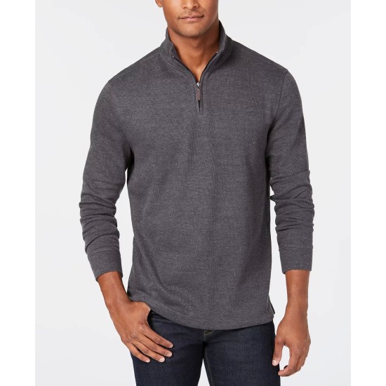  Men’s Quarter-Zip French Rib Pullover Sweater, Gray, X-Large
