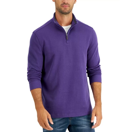  Men’s Quarter-Zip French Rib Pullover Sweater, Purple, Small