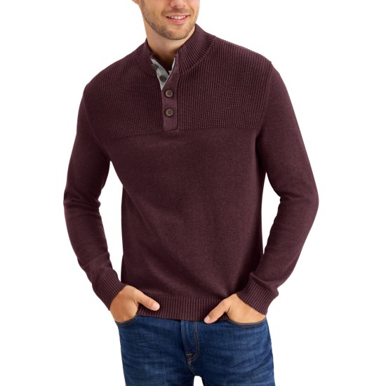  Men’s Ribbed Four-Button Sweater, Wine, Small