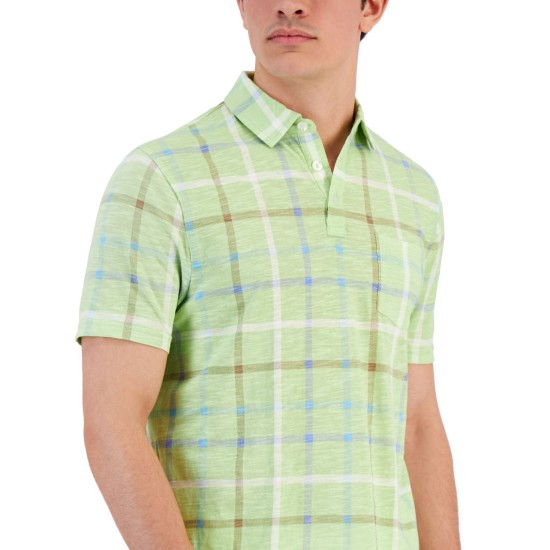  Men’s Textured Windowpane Check Pocket Polo Shirt, Green, Small