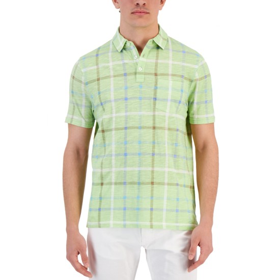  Men’s Textured Windowpane Check Pocket Polo Shirt, Green, Small