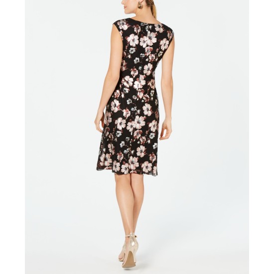 Women’s Petite Draped-Neckline Floral-Print Dress, Black, 14P