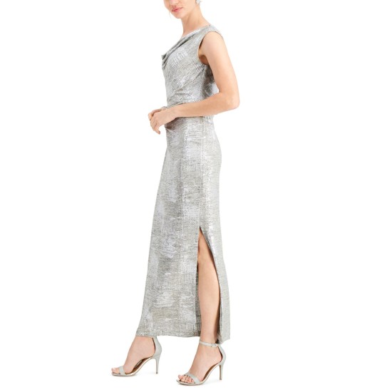  Women’s Petite Shimmering Drape-Neck Dress, Taupe/Silver, 4P
