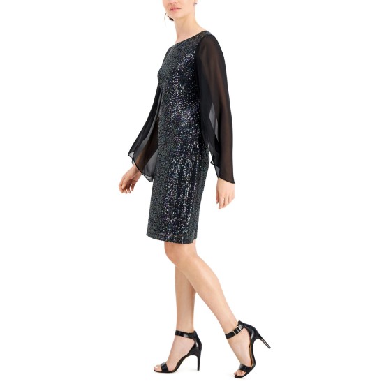  Women’s Sequined Sheer-Sleeve Shimmer Dress, Black, 6
