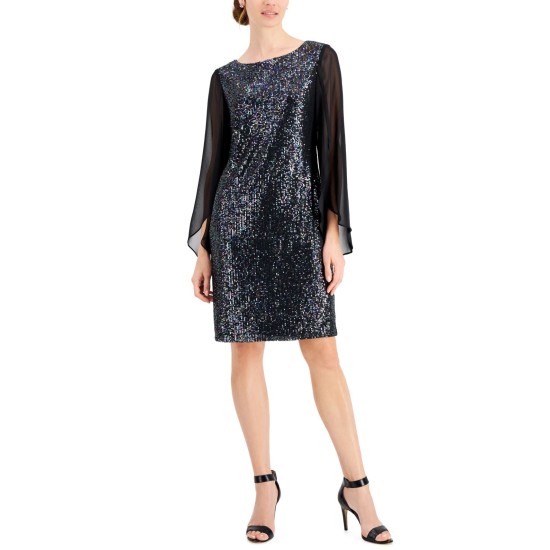  Women’s Sequined Sheer-Sleeve Shimmer Dress, Black, 6