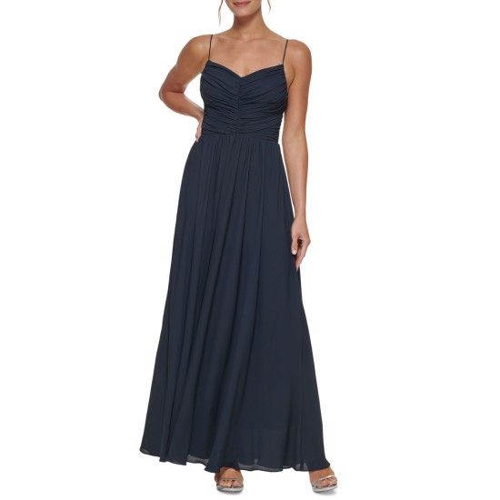  Ruched-Bodice Gown Dress, Navy, 6