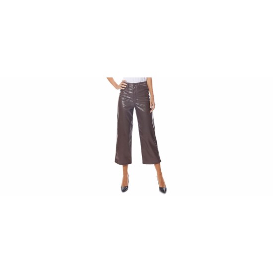  Cropped Vegan Leather Wide-Leg Pants, Chocolate, 3