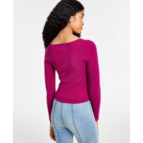  Juniors’ Bustier Scoop Neck Sweater, Lush Berry, Small