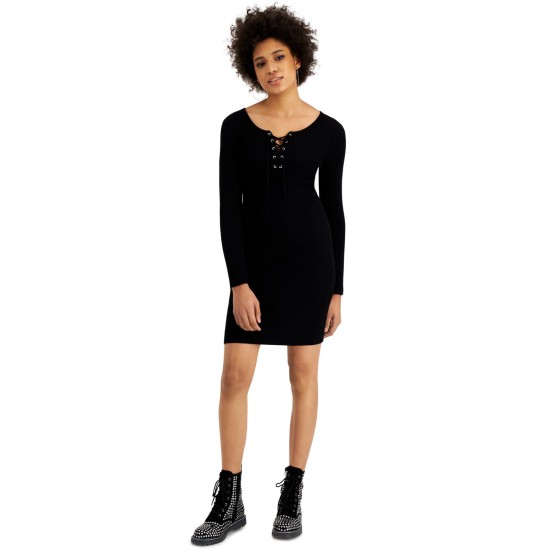  Juniors’ Lace Up Sweater Dress, Black, Small