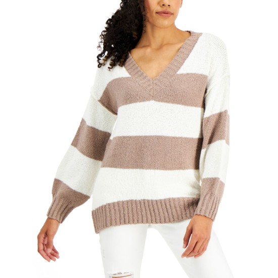 Juniors’ V-Neck Tunic Sweater, Taupe, X-Large