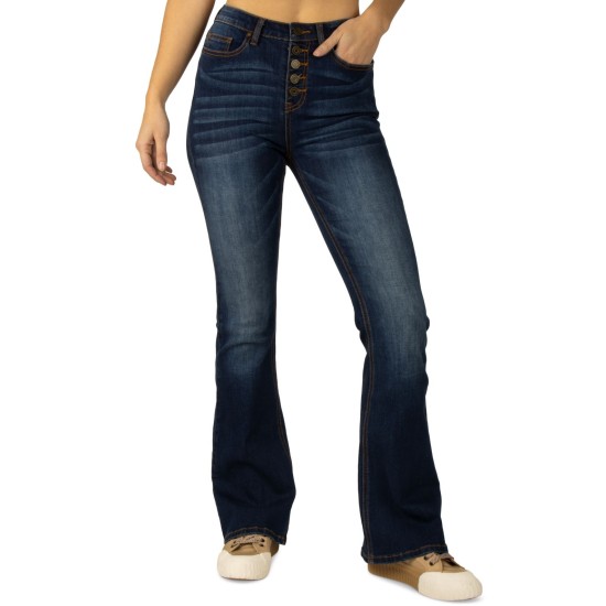 Juniors’ High-Rise Exposed-Button Flare-Leg Denim Jeans, Navy, 9/28