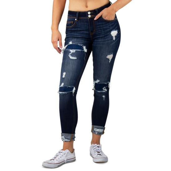  Juniors’ Rip/Repair Cuffed Skinny Jeans, Navy, 0
