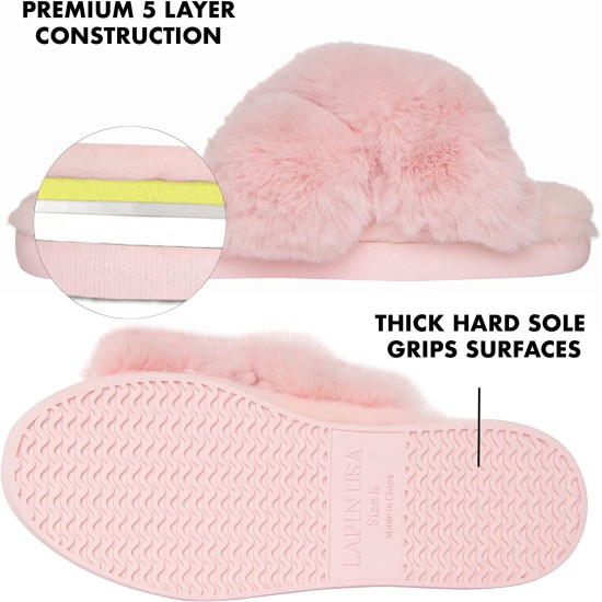 , Women’s Faux-Fur Solid Crossband Slippers,  L (9-10), M (7-8)