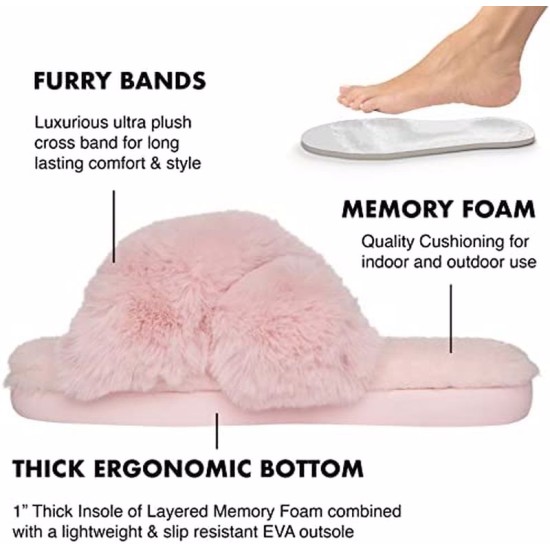 , Women’s Faux-Fur Solid Crossband Slippers, L (9-10)