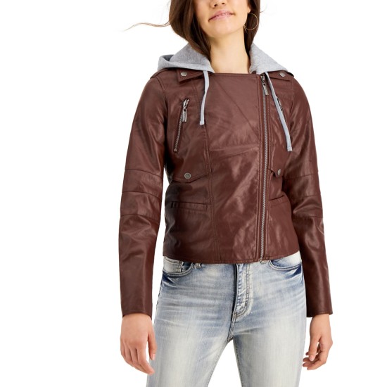  Juniors Hoodie Faux-leather Coat, Brown, Medium