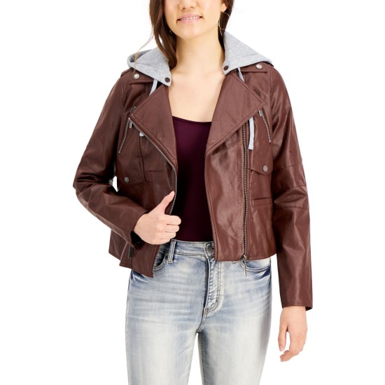  Juniors Hoodie Faux-leather Coat, Brown, Medium