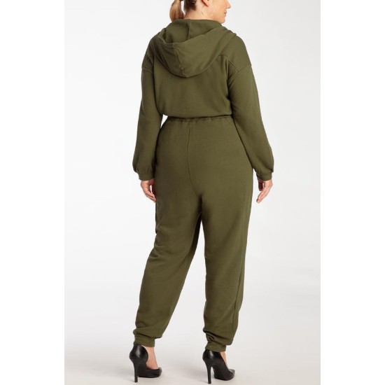  Womens French Terry Hooded Cargo Jumpsuit, Green, X-Small