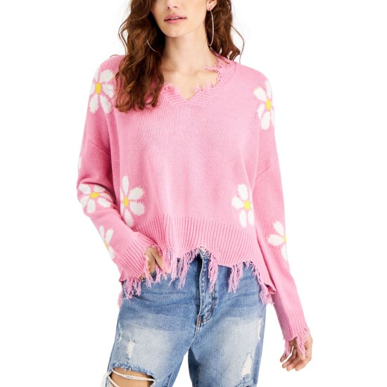 Just Polly Juniors’ Daisy-Print Destructed Sweater, Pink, Large