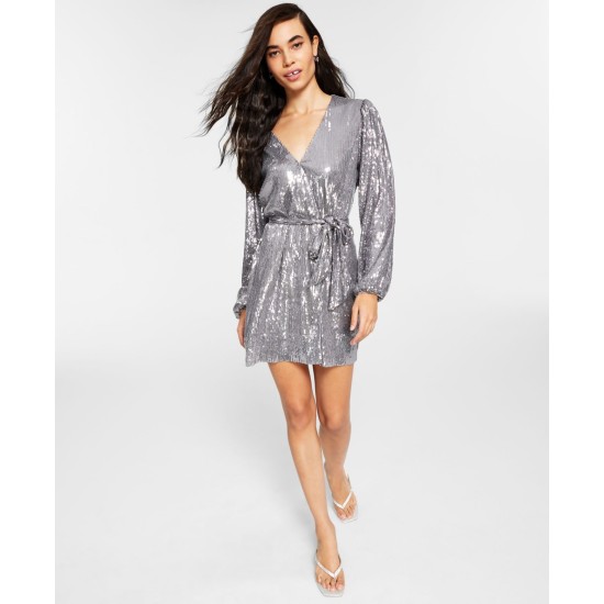  Womens Sequined Wrap Dress (Silver, XS)