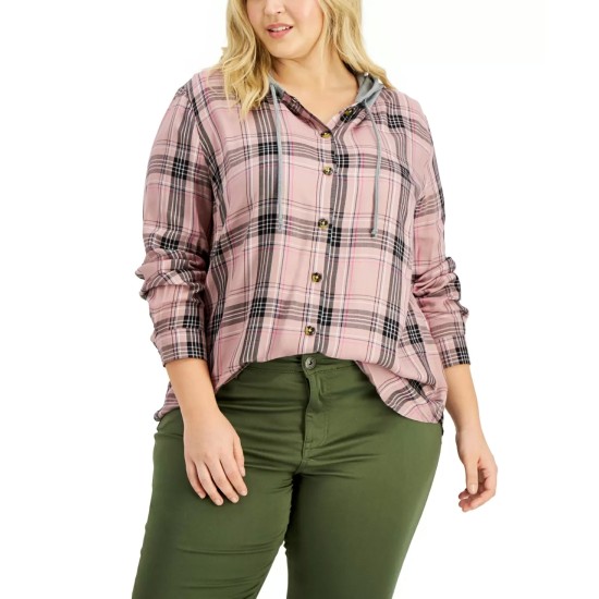 Love, Fire Womens Trendy Plus Size Hooded Plaid Button-Front Shirt