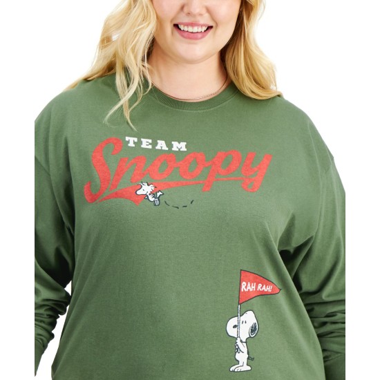  Trendy Plus Size Long-Sleeve Cotton Snoopy T-Shirt, Green, 1X