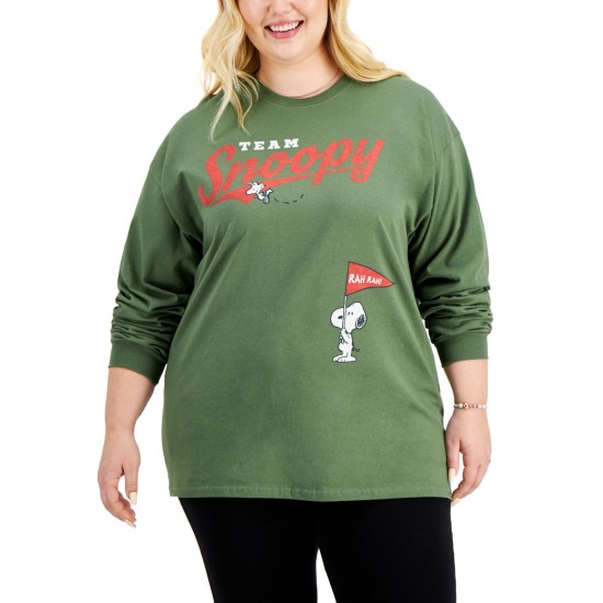  Womens Trendy Plus Size Long-Sleeve Cotton Snoopy T-Shirt (Green, 2X)