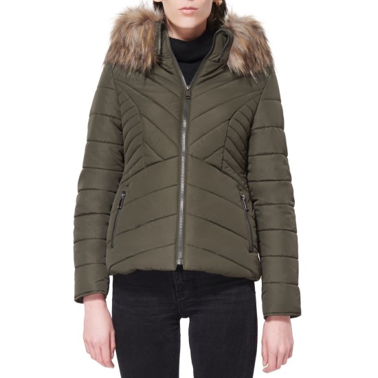 Maralyn Me Juniors Faux-fur-trim Hooded Coat,Green, Large