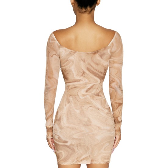  Womens Marble Bodycon Dress (Brown, M)