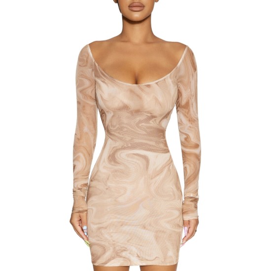  Womens Marble Bodycon Dress (Brown, M)
