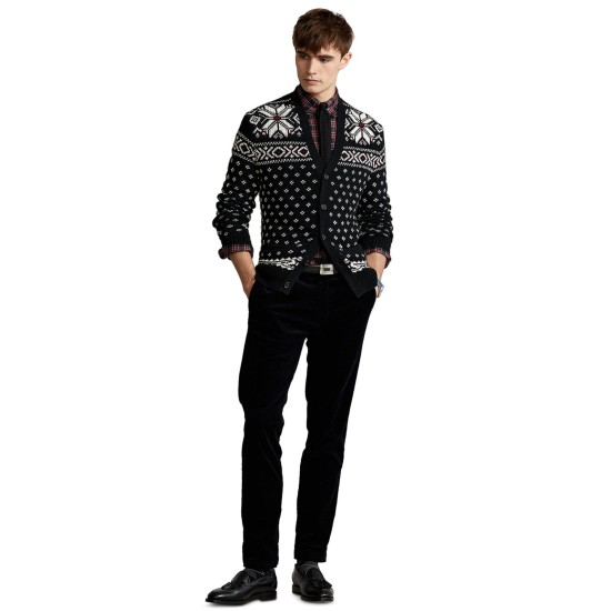  Men’s Fair Isle Button up Long Sleeved Cardigan Sweater, Black, X-Large